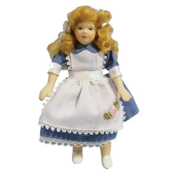 Girl in Alice dress porcelain poseable doll 1/12th scale.
