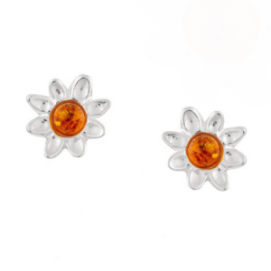 Amber gemstone sterling silver daisy stud earrings